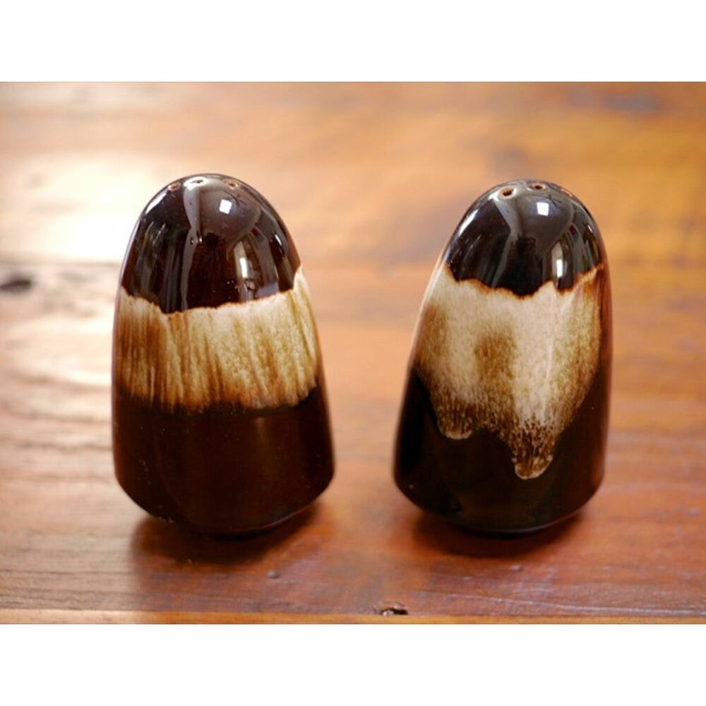 Pair of Vintage Mid Century Brown Lava Drip Glaze Ceramic Salt & Pepper Shakers